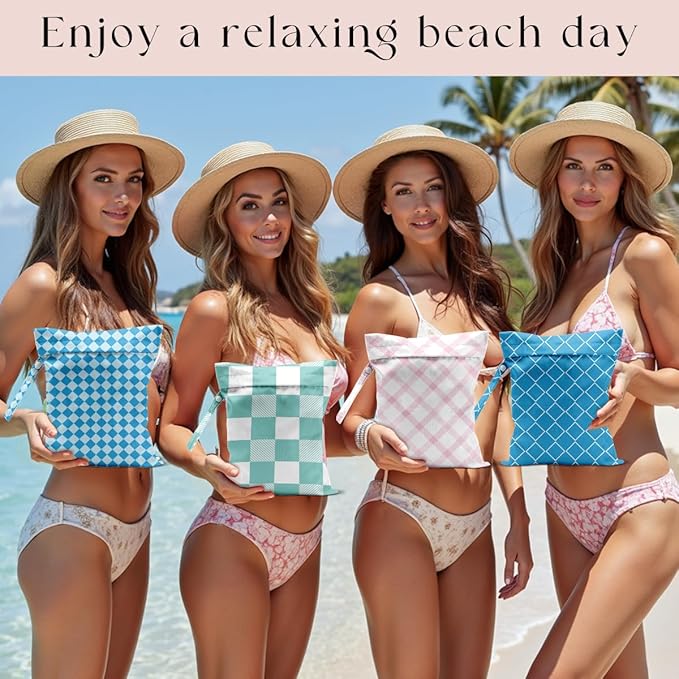 Wet Bag, 4Pcs Wet Dry Bag Set, Reusable Waterproof Bags with Plaid Patterns for Women, Designed for Beach, Pool, Leisure Travel & Daily Essentials Organizing