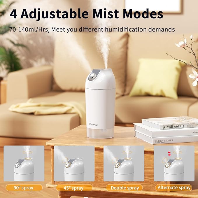 HandFan Small Portable Humidifier Rechargeable, 480ml Wireless Ultrasonic humidifier Battery Operated, Mini Personal Cordless Cool Mist Humidifiers, for Bedroom Office Travel Car Plants(Gray)