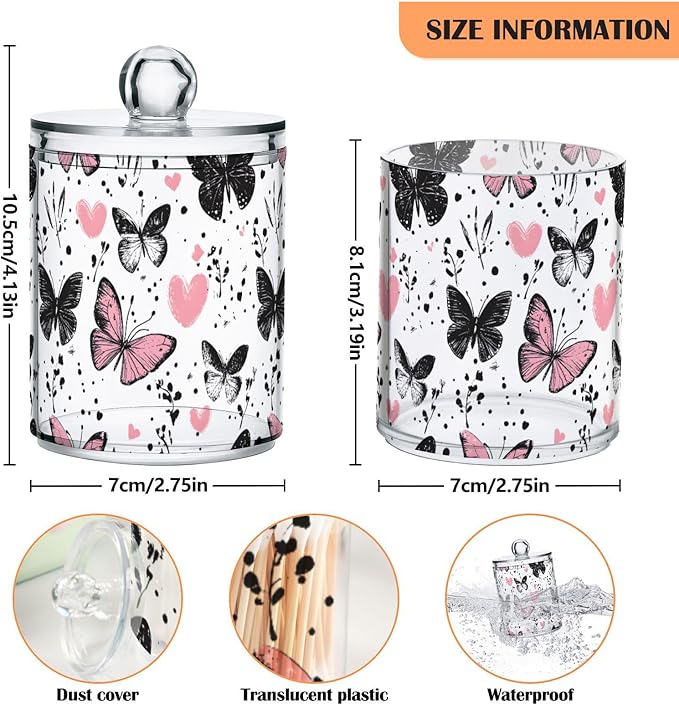 2 Pack Qtip Holder Organizer Dispenser Black Pink Butterflies Hearts Bathroom Storage Canister Cotton Ball Holder Container for Cotton Pads/Swabs/Floss