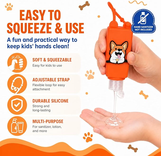 5-Pack Cartoon Kids Hand Sanitizer Holder, 30ml Travel Size Refillable Bottles with Silicone Case, Leak-Proof Portable Containers for Lotion & Liquid Soap (Puppy Pal)