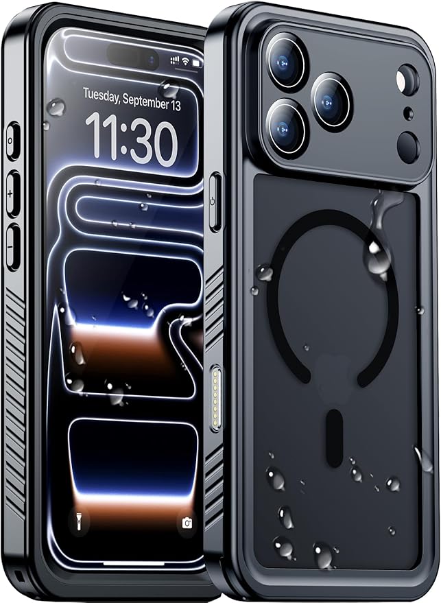 Magnetic Compatible with iPhone 17 Pro Case,Waterproof Built-in Screen & Camera Protector IP68 Underwater Full Body Military Dropproof Translucent Matte Phone Case 6.3"-Mag/Black