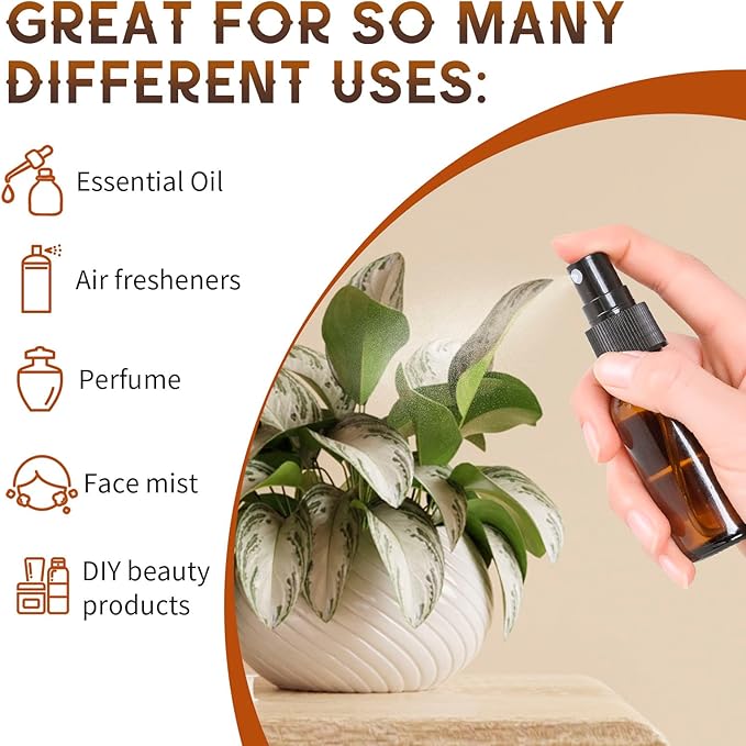 12 Pack Amber Glass Spray Bottles, 2oz/60ml Empty Glass Spray Bottles with Fine Mist, Small Leak Proof Travel Dispenser Bottles for Essential Oils, Bath, Beauty, Hair & Cleaning