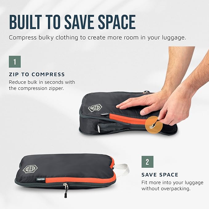 Large Compression Packing Cubes for Travel-Packing Cube Luggage Organizers 7 Piece Set for Checked Luggage-Ultralight, Expandable/Compression Bags by TRIPPED Travel Gear (Grey/Orange)