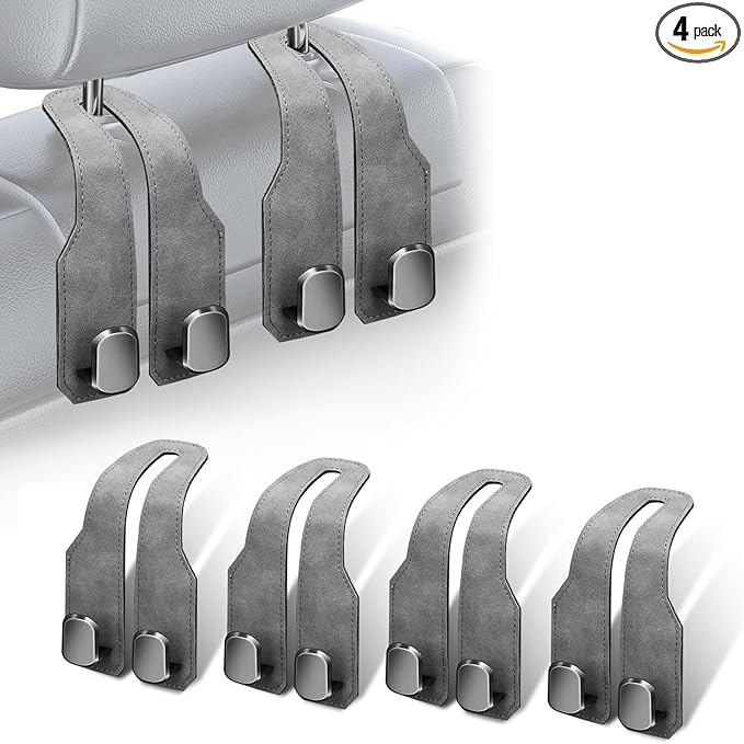 4Pcs Car Headrest Hooks with Premium Leather, Upgraded Double Metal Hooks with Anti-Drop Design, Universal Back Seat Hanger for Bags, Coats, Purses and Groceries (Stylish Gray)