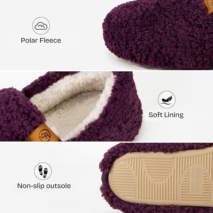 EverFoams Women’s Soft Curly Full Slippers Memory Foam Lightweight House Shoes Cozy Loafer with Polar Fleece Lining
