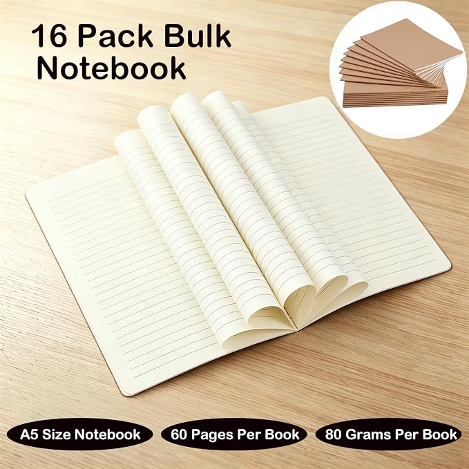 Wotion Lined Notebook 16 Pack, A5 Journals to Write in for Travel, 60 Pages/30 Sheets, 8.3" x 5.5", Thick Paper Notebooks for Students Office Women Men, Travel Journal Diary Planner Set