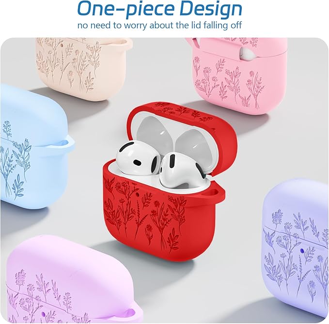 for Airpods 4 Case, Ekoonpft Flower Engraved Cases for Apple AirPods 4th Generation 2024, Soft Silicone Cover for Women Girly with 3-in-1 Cleaner Kit, Keychain, Military Grade Protection