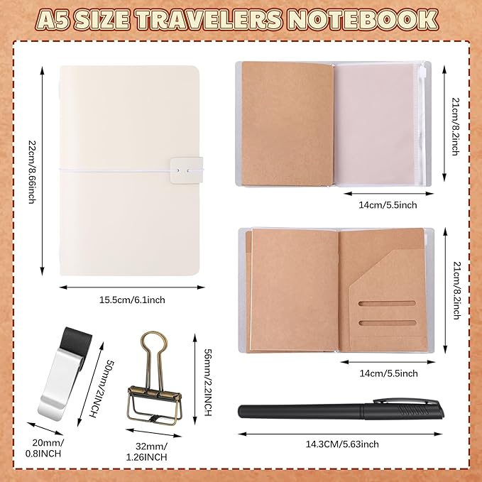 Thenshop Travelers Refillable Leather Journal Notebook Travel Diary Handmade Passport Travelers Journal for Men and Women with 3 Notebook Inserts, Pen Holder, Binder Clip (White,A5 Size)