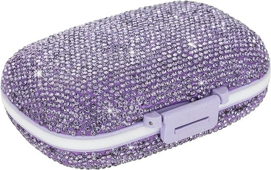 Bling Travel Pill Organizer Cute Pill Box with Labels Rhinestone Pill Case for Purse Portable Daily Pill Container 7 Day Medicine Holder for Vitamin Supplement(Purple)