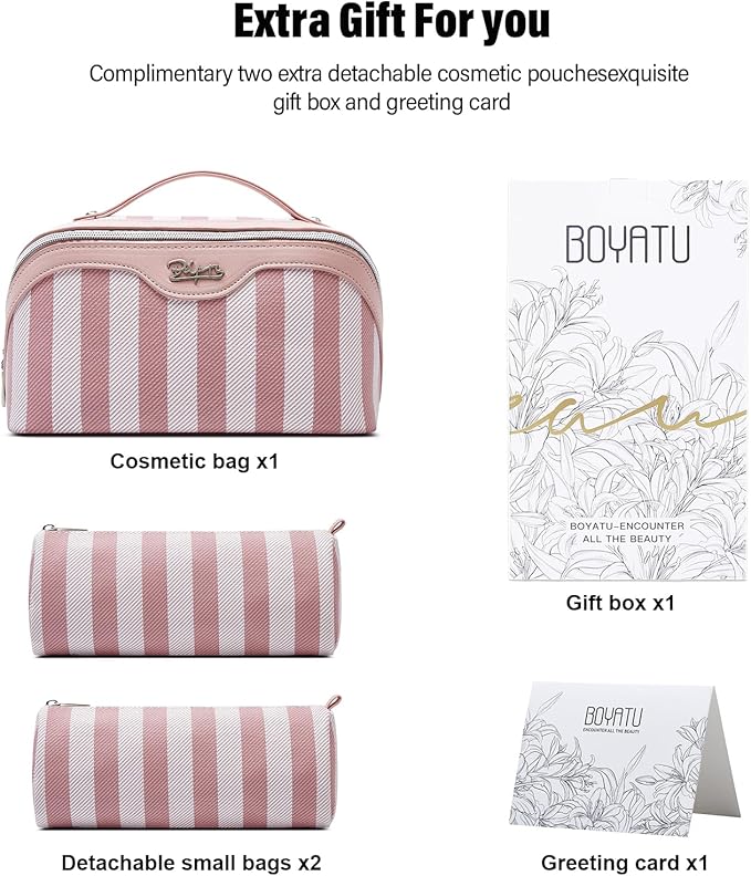 BOYATU Travel Makeup Bag Cosmetic Bag for Women: 3 Pcs Set Striped Make up Bag with Compartments - Waterproof Vegan Leather Toiletry Bags with Handle - Makeup Organizer for Travel Essentials(A-3-Pink)