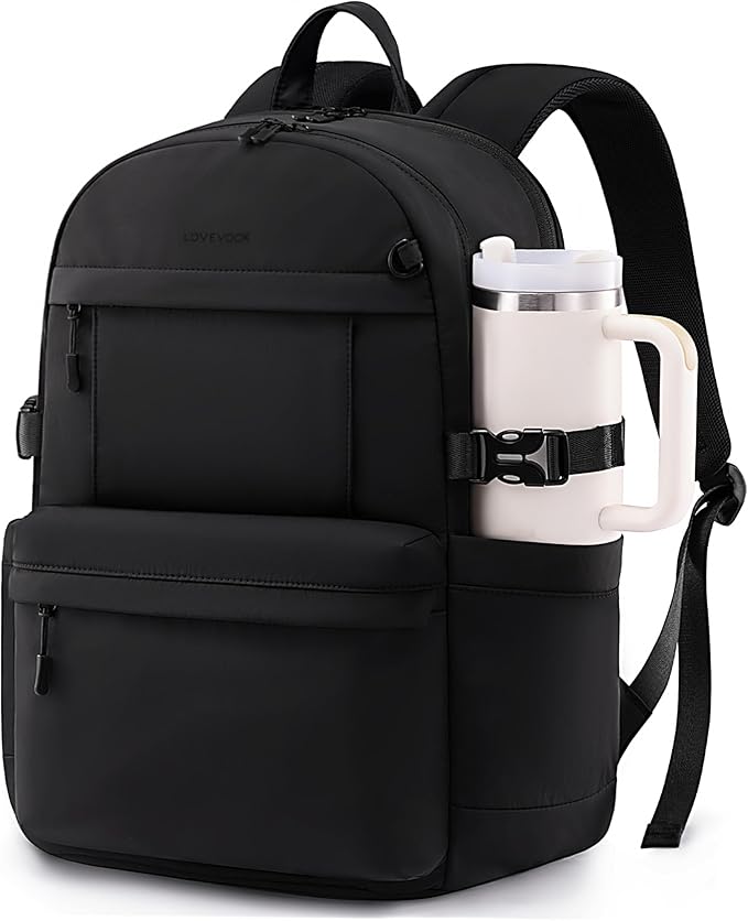 LOVEVOOK Laptop Backpack for Women with Giant Tumbler Holder,15.6 Inch Laptop Computer Bag Travel Backpack Purse,Waterproof Work Business Backpack College Bookbag Teacher Bags,Black