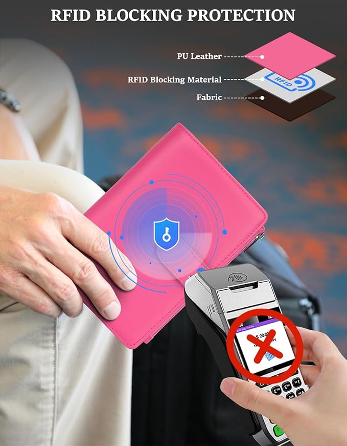 RFID Passport Holder for Women/Men Travel Gifts, Large Capacity Passport Wallet, Family Travel Documents Organizer with Card/Airtag Slots, Zipper coin pocket, Cash Holder Passport Cover Case(Hot Pink)