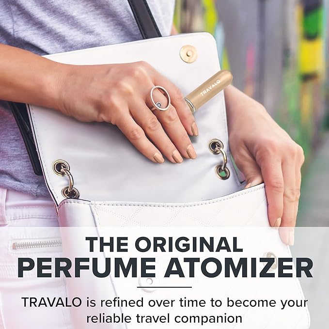 Travalo Classic HD Perfume Atomizer - Leak-Proof and TSA Approved for Air Travel - Reusable, Airtight, Easy-Fill Mini Pump Sprayer - Lightweight, Elegant Design w/Volume Window - Gold 0.17oz