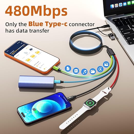 Dual Type-C Port 4 in 2 Multi Charging Cable for iWatch, Travel Essentials Charging Cords for Multiple Devices for iWatch Ultra/SE/11-2, iPhone 17-11, Galaxy S25-21, iPad (2PACK 5FT)