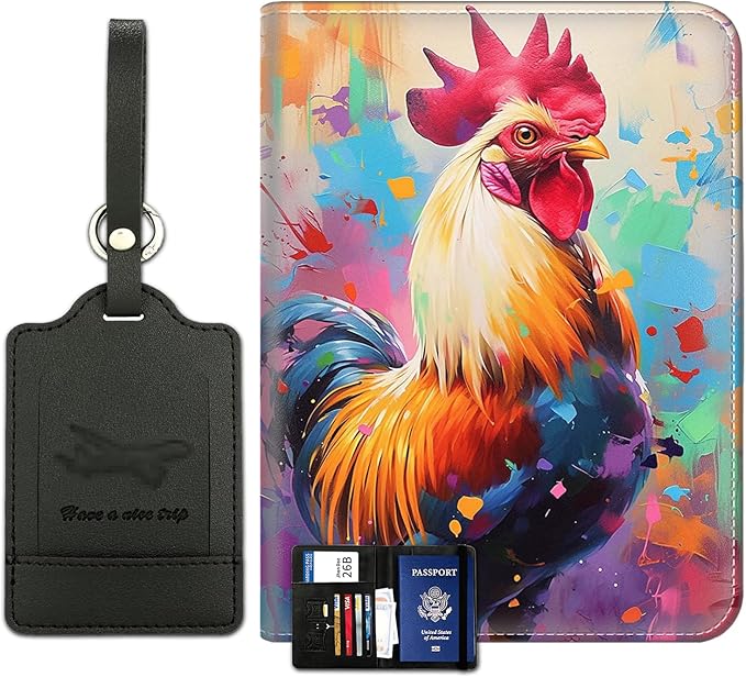 Passport Wallet, Passport Holder with RFID Blocking and Luggage Tag, Waterproof PU Leather Travel Documents Organizer Case, Passport Covers with Card Slot for Women & Men, Chicken Color Passport Book