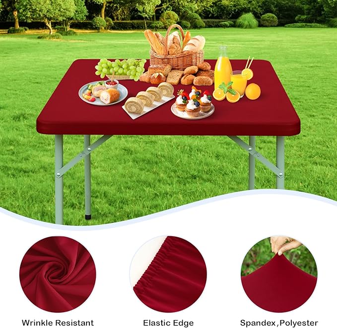 Wolkemer 4 Pack Burgundy Fitted Tablecloth 34x34 Inch Square Elastic Edges Table Cloth, Spandex Stretch Table Cover with Machine Washable Fabric for Wedding Party Picnic Dining Indoor Outdoor