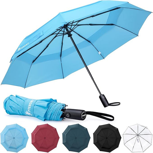 PTEROMY Windproof Travel Umbrellas for Rain and Sun, Withstands 85MPH Winds Auto Open Close Folding Umbrella with Ergonomic Handle, Quick Dry Canopy for Commuting or Backpack