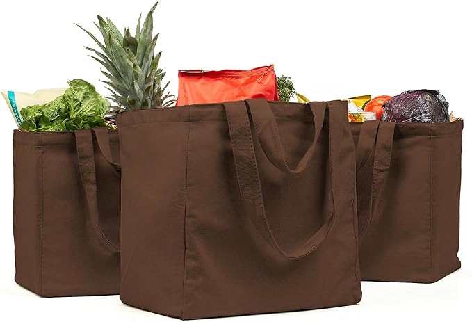 VeraMia Canvas Grocery Bag 3pc XL Set with Real Pockets, Long Shoulder Strap and Short Handle. Heavy Duty, Foldable, Washable