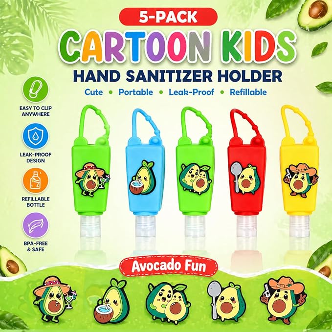 5-Pack Cartoon Kids Hand Sanitizer Holder, 30ml Travel Size Refillable Bottles with Silicone Case, Leak-Proof Portable Containers for Lotion & Liquid Soap (Avocado Fun)
