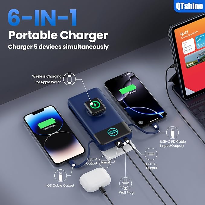 Portable Charger for iPhone, 40800mAh Power Bank with Built-in Cables & AC Wall Plug, 5 Outputs USB C Fast Charging External Battery Pack for iPhone 17/16/15/14, Android, Travel Essential (Blue)
