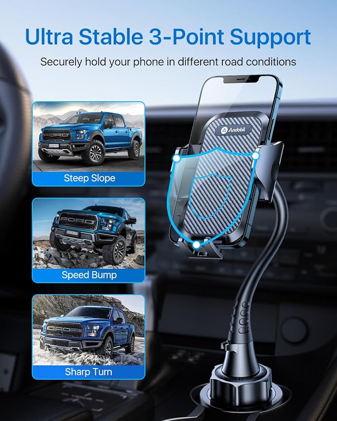 andobil Upgraded 15" Cup Holder Phone Holder, 【Solidest & Adjustable】 Military-Grade Long Gooseneck Cup Phone Holders for Your Car Truck, Car Phone Holder for iPhone 17 Pro Max 16 15 14/Samsung/Pixel