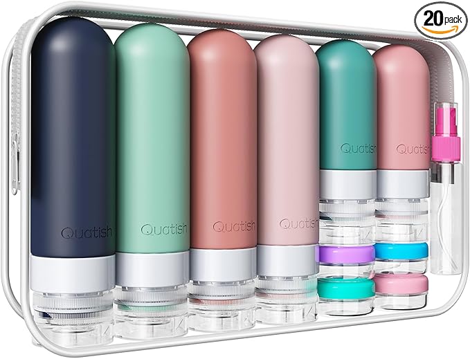 Quatish 20 Pack Travel Bottles for Toiletries, Original Patented, TSA Approved Travel Size Containers, Leak Proof Silicone Shampoo and Conditioner Bottles Women & Men, Airplane Essentials, Morandi