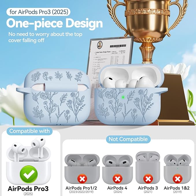 Ekoonpft for Airpods Pro 3 Case, Flower Engraved Cases for Apple AirPods Pro 3rd Generation 2025, Soft Silicone Cover for Men Women Girly with Cleaning Kit & Keychain, Anti-Scratch, Shockproof