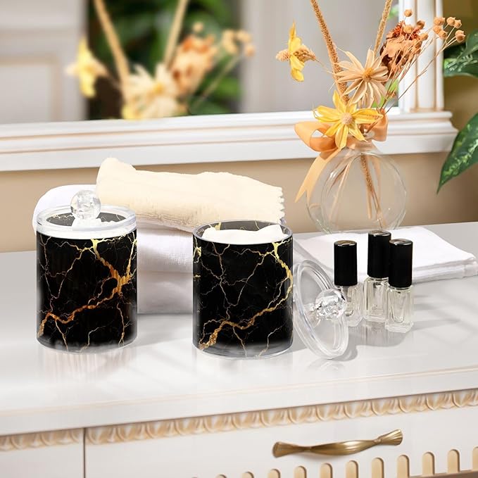 Gredecor Qtip Holder Dispenser 2 Pack Gold Black Marbling Bathroom Decorative Storage Canister Holder Counter Vanity Organizer for Cotton Ball Swabs Pads Floss