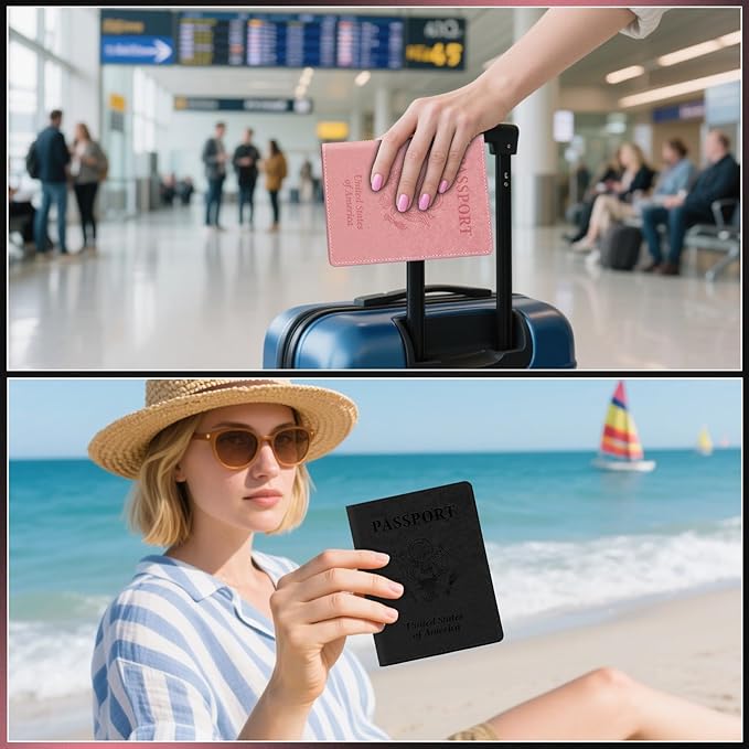 Black and Pink Passport Holder for Travel, 2 PCS Passport Holder, Travel Passport Holders Must Haves for Women Men, Passport Cover Passport Wallet Case Holders for Travels Cruise Ship Essentials Gifts
