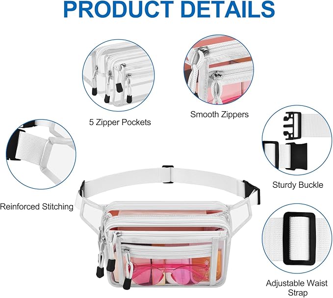 Clear Bag Stadium Approved Clear Fanny Pack for Women for Work,Multi-purpose Waist Bag for Travel & Sporting Event