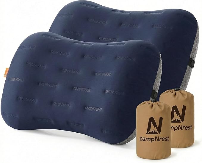 Inflatable Camping Pillow - Ultralight Compact Air Pillow for Travel, Backpacking & Hiking - Ergonomic Neck & Lumbar Support - Portable Inflatable Pillow with Removable Washable Cover - (Blue 2 Pack)