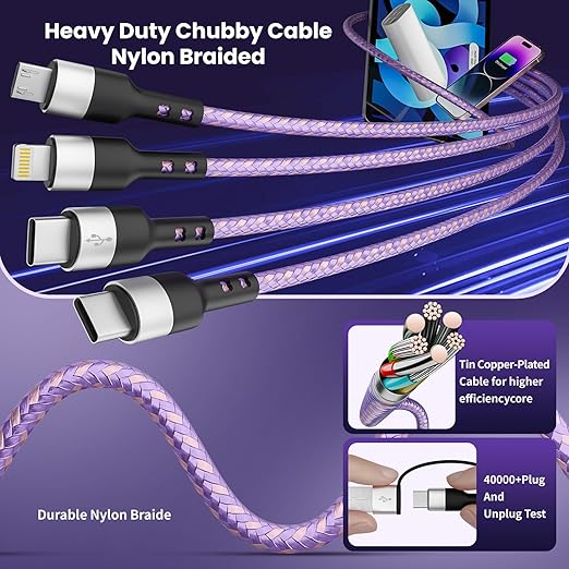 Dual Type-C 4-in2 Multi Charging Cable 5FT, Travel Essential for Airplane & Cruise Trips, USB A/C to Dual USB C/IP/Micro USB, Compatible for iPhone 17-8, Android, iPad, Galaxy, Tablet