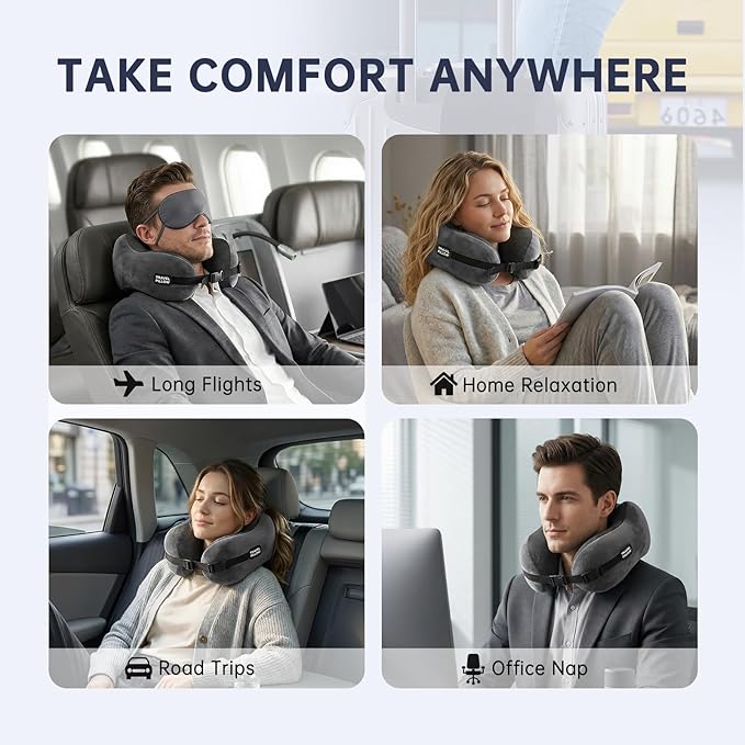 Neck Pillow Travel Pillow - 100% Pure Memory Foam Airplane Pillow with Adjustable Clasp & Removable Cover, Portable Travel Essentials for Long Flights, Car & Office (Dark Gray)