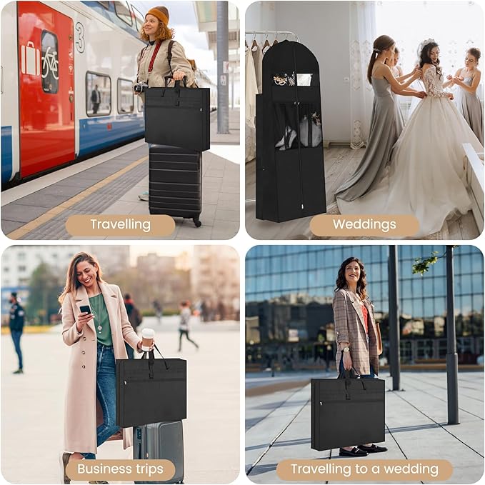 Wedding Dress Garment Bag,72’ Tri-Fold Bridal Gown Bag with 6 Pouches and Adjustable Buckle Gown Cover for Wedding/Prom/Travel/Closet Storage (Black)