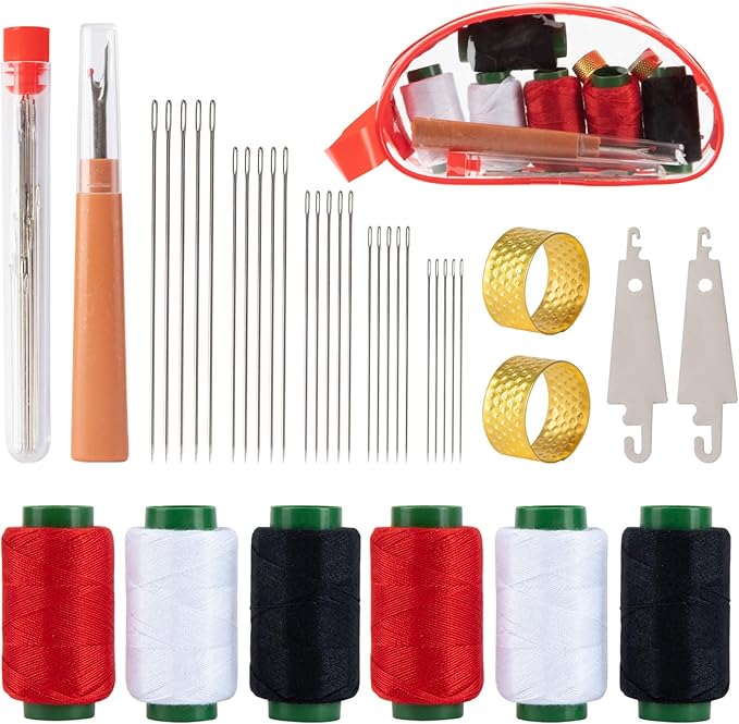 37 Pcs Big Eye Steel Sewing Needles Kit - Stainless Steel Needles for Hand Sewing Kit with Thread Ripper, Needle Threaders, Threads and Thimbles