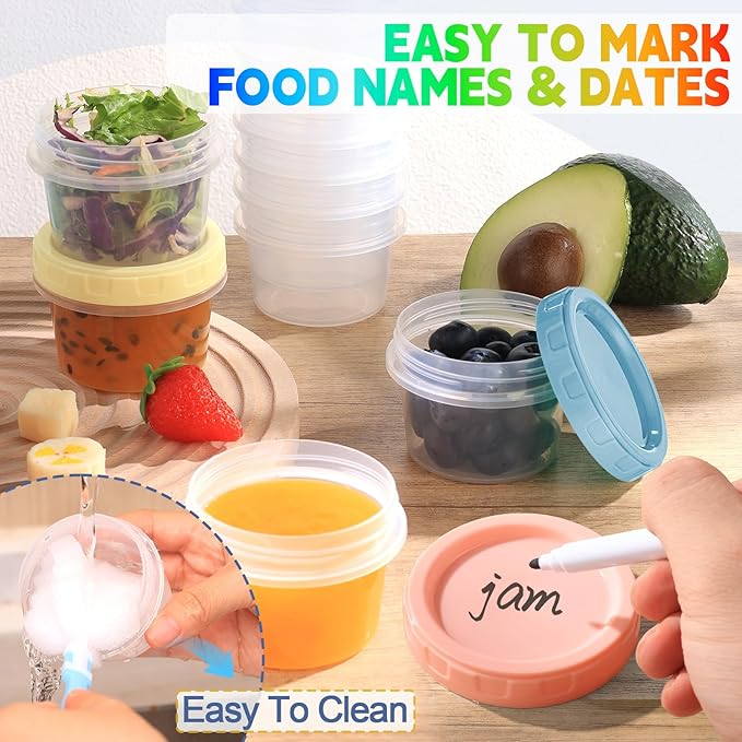 Yomarket 12pcs 4 oz Plastic Containers with Screw Lids, Reusable 1/2 Cup Small Food Storage Containers, Leakproof, Microwave Dishwasher Freezer Safe, with Pen and Brush