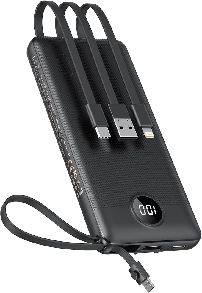 VEEKTOMX Portable Charger with 4 Built-in Cables — 10000mAh Slim Power Bank, USB-C Battery Pack with Lightning & Micro USB, TSA Approved Travel Charger for iPhone, Samsung, Android
