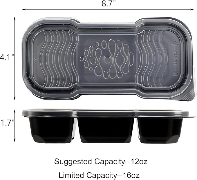 Hiceeden 50 Pack 16 Oz Small Meal Prep Containers with 3 Compartments, Disposable Plastic Bento Snack Boxes with Lid, Stackable Food Containers Reusable Travel Lunch Boxes for Office, School, Black