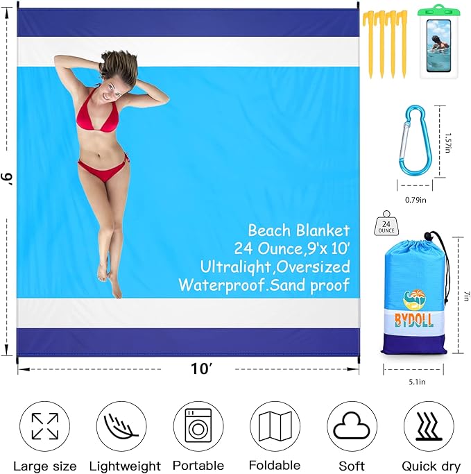 BYDOLL Beach Blanket Waterproof Sandproof Large Sand Free,78''X81''/10'X9' Oversized Sandless Lightweight Blanket Picnic Mat for Beach Travel Camping Hiking with Stakes