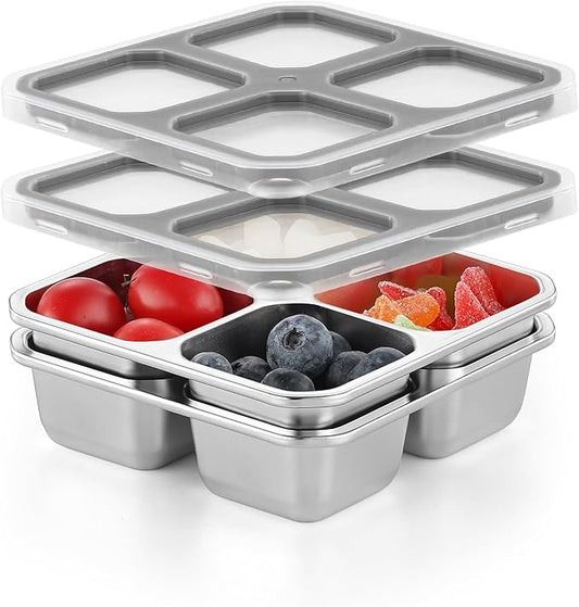 BEFOY 4-Pack Stainless Steel Snack Containers – 4 Compartment Leak-Proof Bento Box for Meal Prep, School, Picnic & Travel – Nestable & Reusable for Kids & Adults (grey, 2)