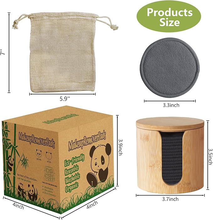 Reusable Cotton Rounds, 100% Natural Bamboo Cotton Pads for Face|Reusable Makeup Remover Pads with Laundry Bag,Headband and Cotton Round Holder (Gray)