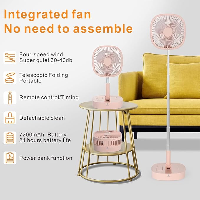 Magesh Portable Pedestal Fan - Foldaway Standing Fan Foldable Desk Fan, Use 7200Mah Rechargeable Battery, Remote Control Telescopic 4 Speed Quiet Timer Fan for Home Kitchen Outdoor Camping (Pink)