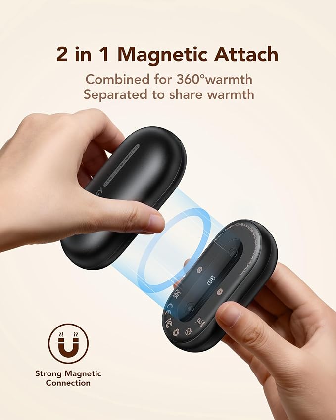 Hand Warmers Rechargeable 2 Pack, Magnetic Alloy Handwarmer 7000 mAh Reusable, Instant Heating UP to 131°F, 15 Hours Long Lasting Palm Pocket Heater, Gifts Packing for Skiing,Hunting,Camping,Golf