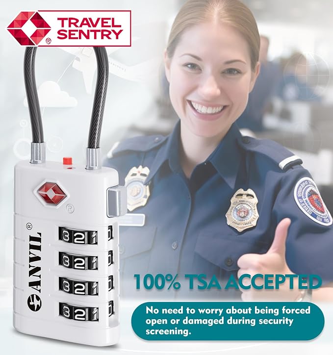ANVIL TSA Approved Luggage Locks with Search Alert Indicator, 4-Digit Combination Suitcase Lock, Advanced TSA008 Core Heavy Duty Anti-Theft Travel Lock for Double Zippers, Backpacks