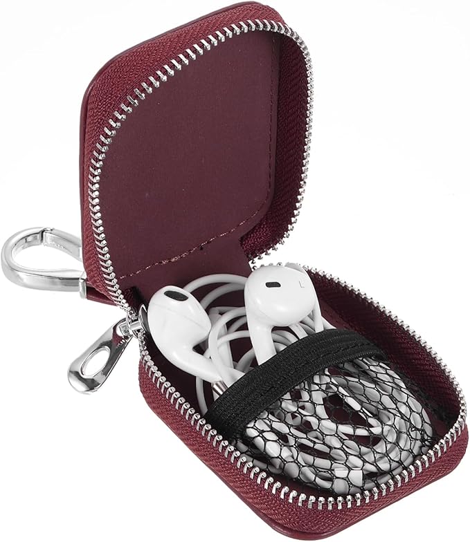 HARFINGTON Earbuds Cases, Earphone Case Holder, PU Leather Ear Buds Case Zipper Organizer Small with Mesh Pocket for USB Cable, Wireless Wired Earphones, Burgundy