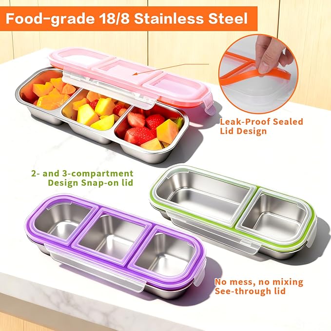 4 Pack Stainless Steel Snack Containers with Lids, 3-Compartments Reusable Lunch Box for Adults, Food Storage Containers Divided Meal Prep Box for Home, Work, Travel