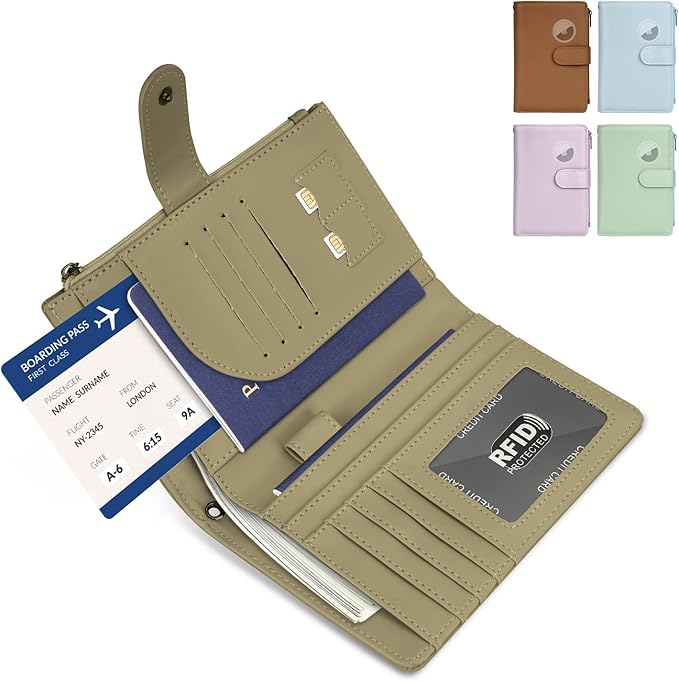 RFID Passport Holder for Women/Men Travel Gift, Large Capacity Passport Wallet, Family Travel Documents Organizer with Card/Airtag Slot, Zipper coin pocket, Cash Holder Passport Cover Case(Moss Green)