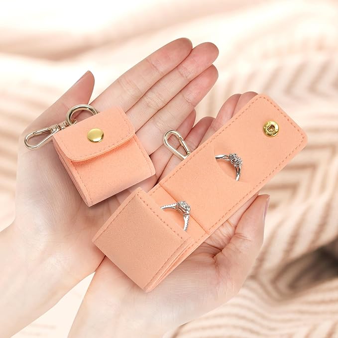 KUKUVR Mini Jewelry Holder Pouch with Keychain, Portable Travel Jewelry Organizer Box for Rings Earrings Necklace Stud, Small Velvet Jewelry Storage Bag for Gym Women (Pink)