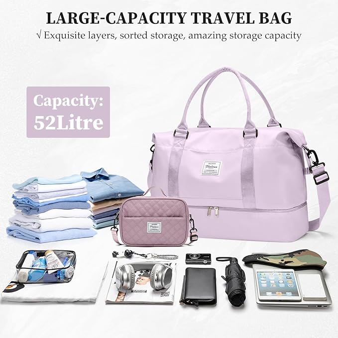 Weekender Bags for Women,Carry On Overnight Travel Duffel Bag with Shoes Compartment & Toiletry Bag,Extra Large,Purple