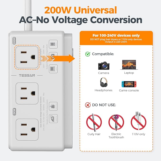 220V to 110V Voltage Converter, TESSAN Universal Travel Adapter with 4 USB Charger (1 USB C), 3 AC Sockets and EU/UK/AU/IT Plug Power Adaptor, Step Down Transformer Outlet-Not for Hair Dryers